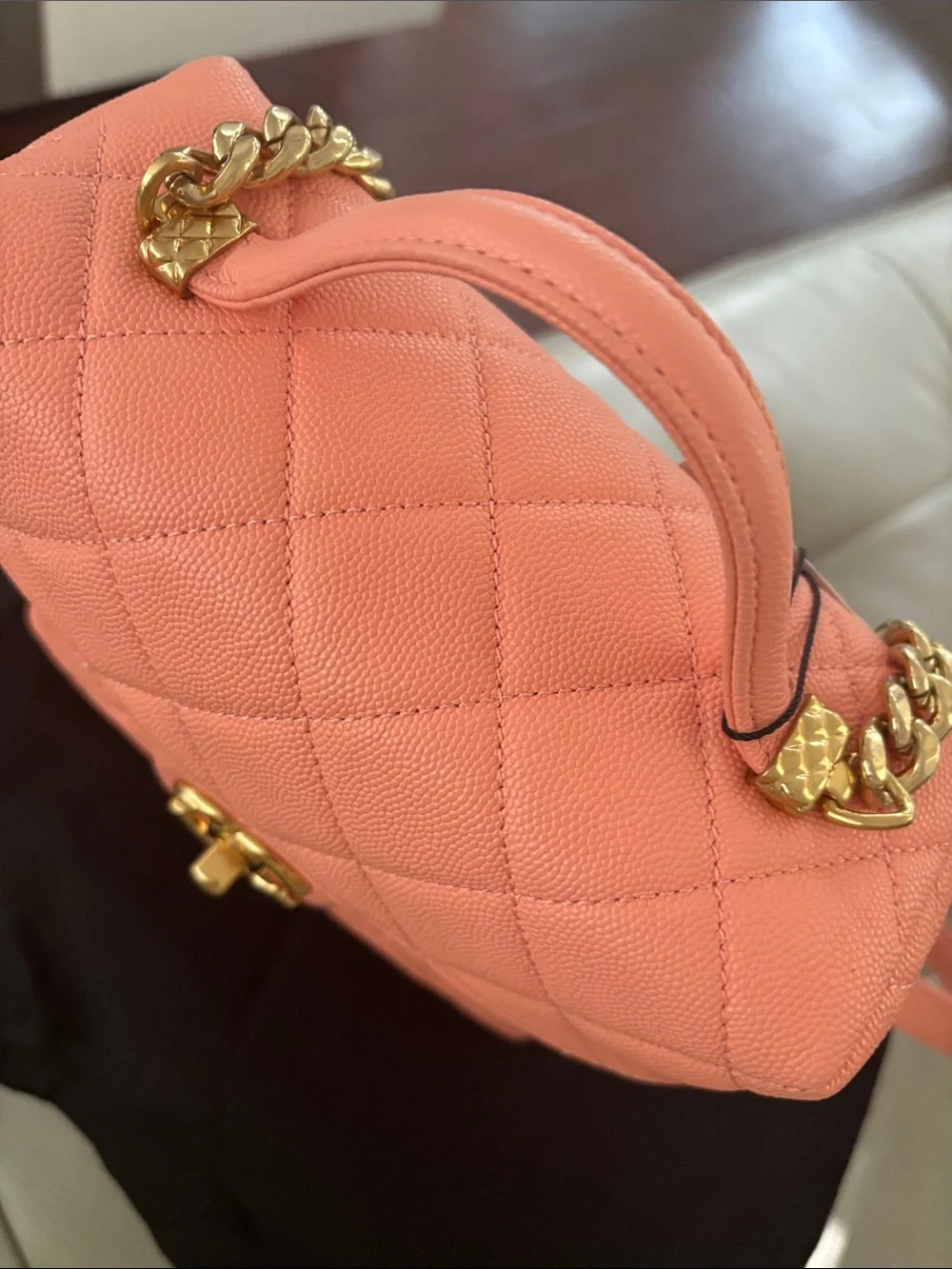 CHANEL Coral Pink Quilted Mini Top Handle Bag with Gold Hardware